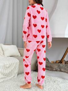 女士心形圖案印花絨毛睡衣套裝 - 粉色 - 查看 2