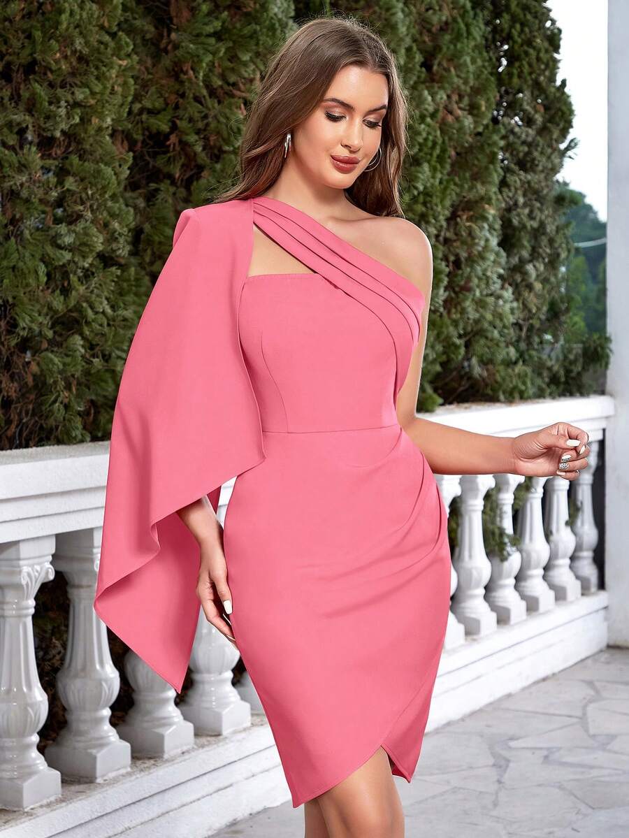 One Shoulder Cloak Sleeve Wrap Hem Dress - Pink - View 1