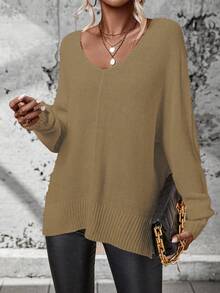 SHEIN Frenchy Thả vai Tách cao thấp Hem Áo len - Màu Khaki - Xem 5