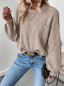 SHEIN Privé Solid Pocket Patched Drop Shoulder Sweater - Khaki - View 6