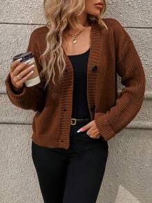 SHEIN LUNE Drop Shoulder Button Front Cardigan - Brown - View 6