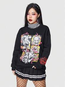 ROMWE Anime Của phụ nữ Hoạt hình In Thả vai Áo nỉ Không có Áo thun - màu đen - Xem 6