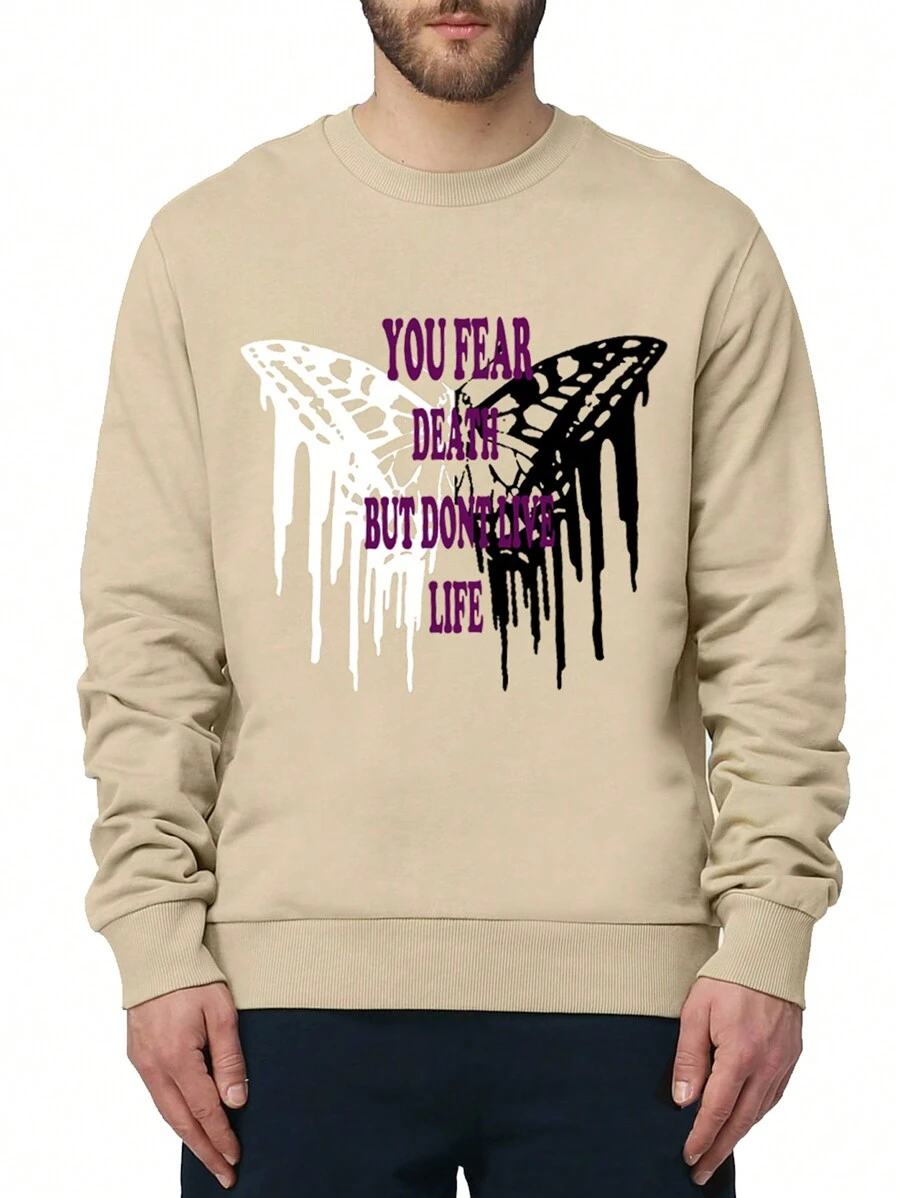 Men Slogan & Butterfly Print Pullover - Khaki - View 1