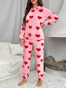 女士心形圖案印花絨毛睡衣套裝 - 粉色 - 查看 5