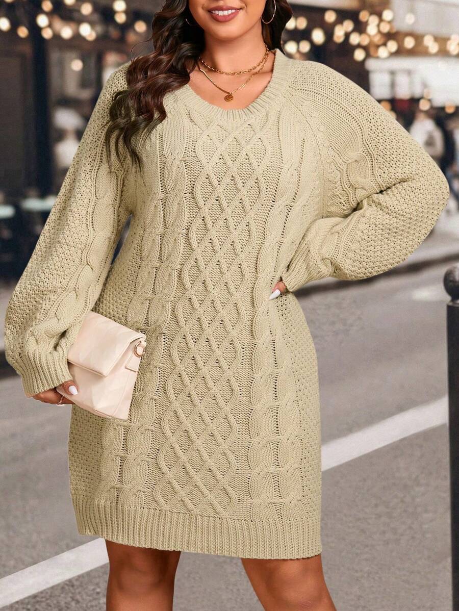 SHEIN Clasi Plus Cable Knit Raglan Sleeve Sweater Dress
