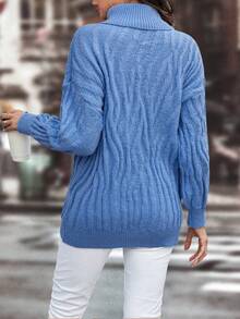 SHEIN LUNE Turtleneck Drop Shoulder Sweater - Blue - View 2