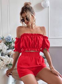 Breezaya Off Shoulder Lá sen tỉa Top Cây trồng & Quần short - Đỏ - Xem 5