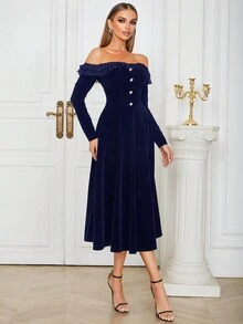 Off-Shoulder Ruffle Trim Button Front Velvet Dress - Blue - View 3