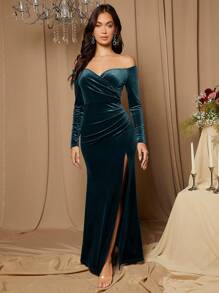 SHEIN Belle Váy phù dâu dài tay thanh lịch, hở vai, xẻ đùi, nhung trang trọng - Màu xanh lá cây đậm - Xem 7