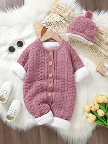 Baby Girl Button Through Thermal Knit Jumpsuit - Pink - View 1