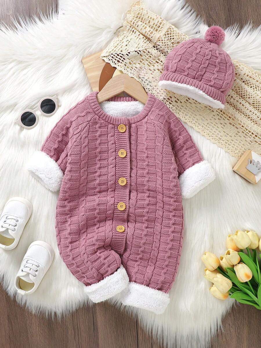 Baby Girl Button Through Thermal Knit Jumpsuit - Pink - View 1