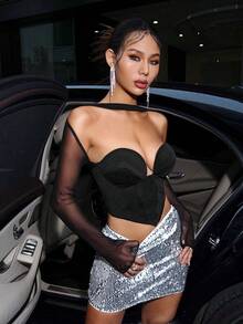 SHEIN ICON Áo bó sát viền lưới không đối xứng cho nữ - màu đen - Xem 3