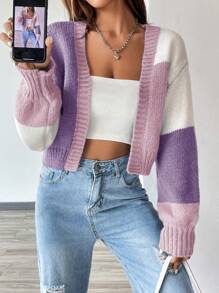 SHEIN Unity Loose Slouchy Cropped Cardigan With Open Front,Long Sleeve Tops Fall Winter Cloth For Women - Multicolor - View 7