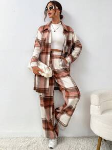 SHEIN Essnce Plaid Print Drop Shoulder Shirt & Pants - Multicolor - View 4