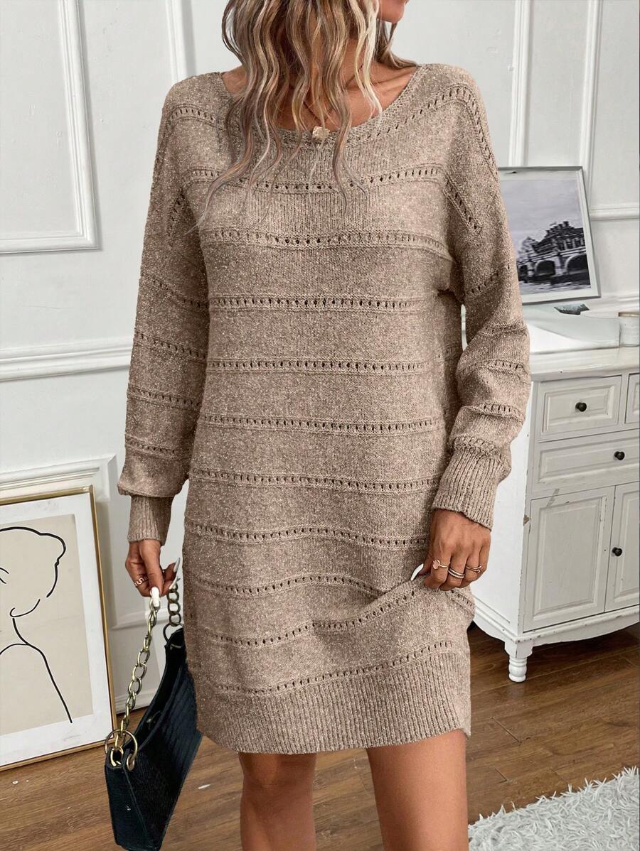 SHEIN Frenchy Drop Shoulder Pointelle Knit Sweater Dress - Khaki - View 1