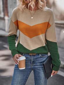 SHEIN LUNE Pull À Blocs De Couleurs À Chevrons Épaule tombante - Kaki - Voir 3