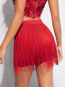 SHEIN BAE Solid Fringe Trim Bodycon Skirt - Red - View 2