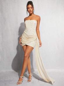 SHEIN BAE 珍珠串珠褶邊側垂抹胸緊身連衣裙 - 杏色 - 查看 2