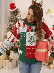 SHEIN LUNE Christmas Pattern Drop Shoulder Sweater - Green - View 6