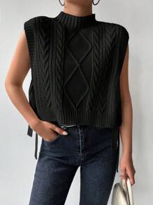 EURMUSE Mock Neck Cable Knit Sweater Vest - Black - View 5