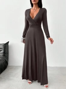 EURMUSE Deep V-neck High Split Dress - Dark Grey - View 4