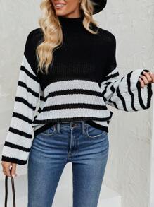 SHEIN LUNE Striped Pattern Turtleneck Drop Shoulder Sweater Knit Pullover Fall Winter Outfit
