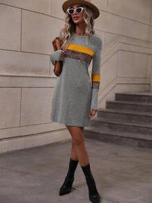 SHEIN LUNE Ladies Leopard Printed Long Sleeve Dress - Light Grey - View 5