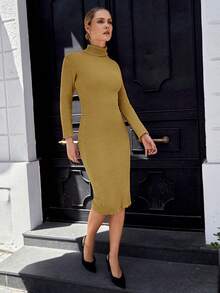 EURMUSE Áo cao cổ Đồ đan Ribbed Đầm Áo len - Màu vàng - Xem 3