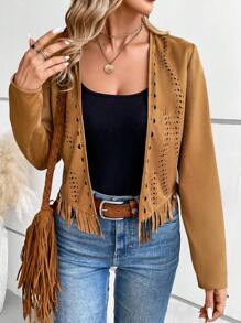 SHEIN VCAY Xu hướng: Cắt giảm Fringe Hem Mở Mặt trước Áo khoác - màu nâu - Xem 1