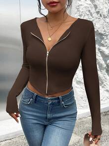 SHEIN Essnce 拉鏈開襟短款T恤 - 咖啡棕 - 查看 5