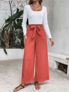 SHEIN VCAY Quý cô Màu thuần To lớn Tròn Vòng cổ Áo thun Với Thắt lưng túi giấy Thắt lưng Và Quần ống rộng Hai chiếc Bộ - Nhiều màu - Xem 5