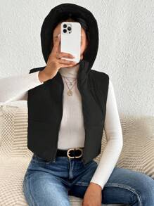 SHEIN Frenchy Earthy Airport Zip Up Hooded Vest Padded Coat In Fall/Winter Black Casual - Black - View 5