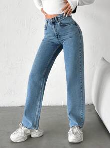 EURMUSE Raw Hem Straight Leg Jeans - Blue - View 4