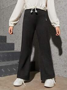 SHEIN Tween Girl Sporty Fit Flared Trousers With Slit Hem - Dark Grey - View 3