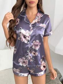 Floral Print Contrast Piping Satin PJ Set - Purple - View 3