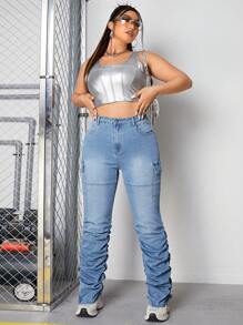 SHEIN ICON Plus Flap Pocket Side Stacked Jeans - Light Wash - View 6