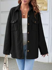 SHEIN 孕婦落肩袖翻蓋口袋絨毛外套 - 黑色 - 查看 10