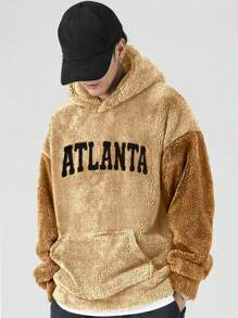 Manfinity Hypemode Nam Plus Thêu Chữ Túi kangaroo Thả vai Teddy Hoodie - Màu Khaki - Xem 1