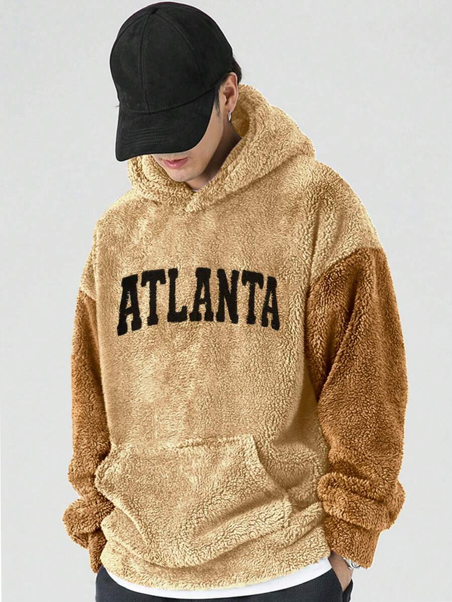 Manfinity Hypemode Nam Plus Thêu Chữ Túi kangaroo Thả vai Teddy Hoodie - Màu Khaki - Xem 1