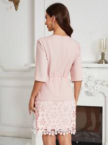Round Neck Long Sleeve Lace Splice Solid Color Dress With Gathered Waist - Pink - View 2