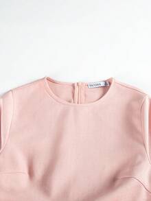 Round Neck Long Sleeve Lace Splice Solid Color Dress With Gathered Waist - Pink - View 4