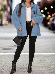 Calvaya Plus Heart Embroidery Drop Shoulder Zipper Teddy Coat - Dusty Blue - View 6