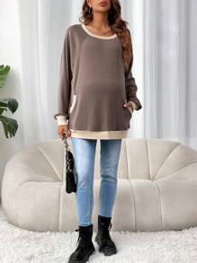 SHEIN Maternity Contrast Trim Raglan Sleeve Sweatshirt, For Winter - Khaki - View 5
