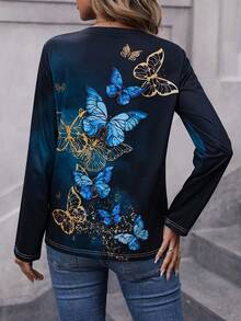 蝴蝶圖案圓領T恤 - 綠色 - 查看 2