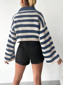 EURMUSE Women's Striped Flare Sleeve Cardigan With Open Front - MultiWarna - View 2