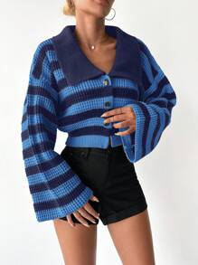 EURMUSE Women's Striped Flare Sleeve Contrast Color Lapel Open Front Cardigan - Multicolor - View 3