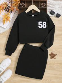 SHEIN 女大童字母貼布落肩袖套頭衫&半身裙 - 黑色 - 查看 1