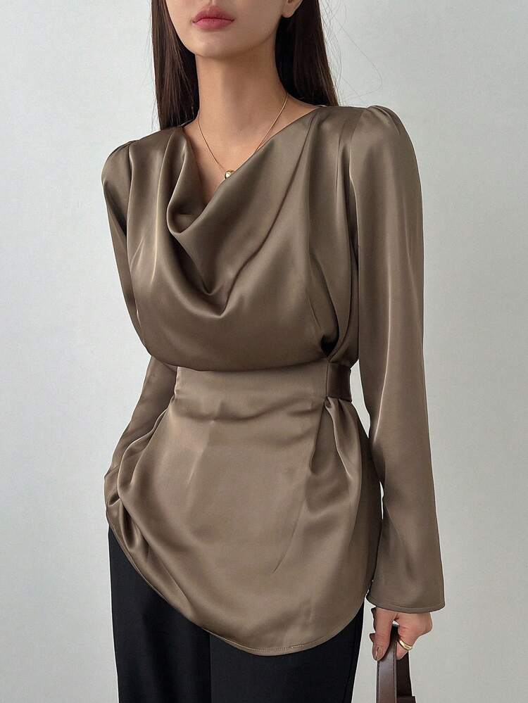 Women's Solid Color Ruffled Collar Puff Sleeve Casual Business Shirt, Autumn,Long Sleeve Tops