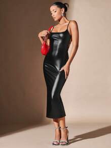 SHEIN BAE Vestido ajustado de tirantes unicolor PU - Negro - Ver 1