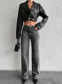 EURMUSE Casual Washed Straight Leg Jeans - Grey - View 5